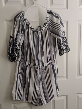 Striped Navy and White Off-Shoulder Romper